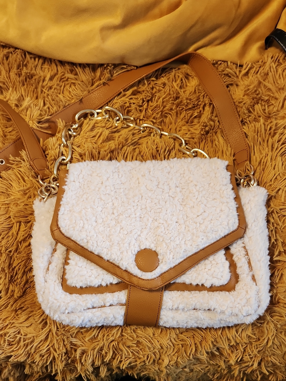 Cream Shearling Crossbody Bag with Tan Trim and Chain Strap